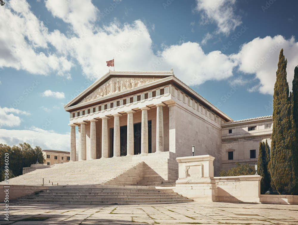An elegant ancient Greek-style building featuring grand columns and luxurious marble architecture.