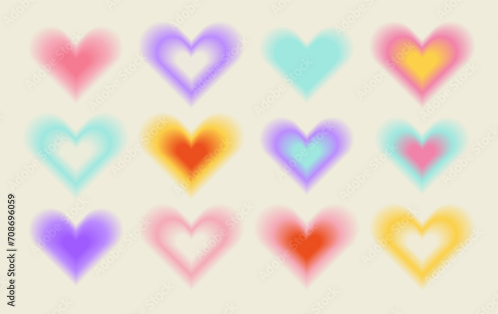 Y2k aesthetic blurred gradient aura hearts. Trendy set of modern blurry figures in brutalism style. Romantic transparent heart elements for social media background, posters, ads Y2k aesthetic blurred gradient aura hearts. Trendy set of modern blurry figures in brutalism style. Romantic transparent heart elements for social media background, posters, ads