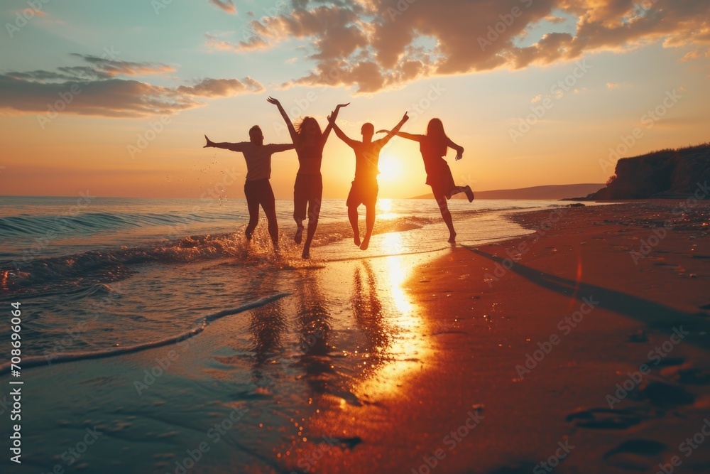 A group of people captured mid-air as they jump on a beautiful beach. This image can be used to depict joy, freedom, and adventure. Ideal for travel, summer, and lifestyle themes