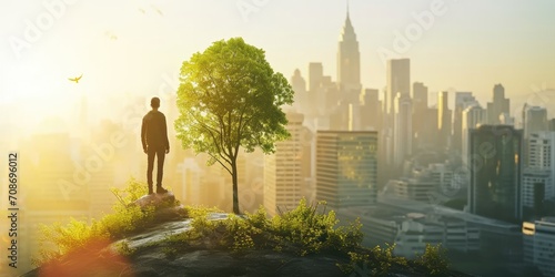 Silhouette of man standing on top of mountain and looking at cityscape