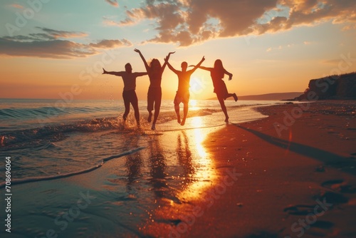 A group of people captured mid-air as they jump on a beautiful beach. This image can be used to depict joy, freedom, and adventure. Ideal for travel, summer, and lifestyle themes