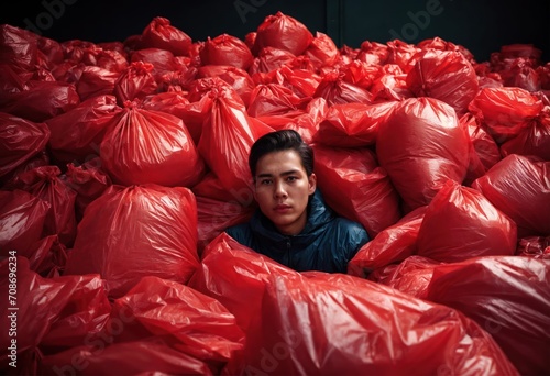 Un homme au milieu d'un gros tas de sacs poubelles rouge - generative AI photo