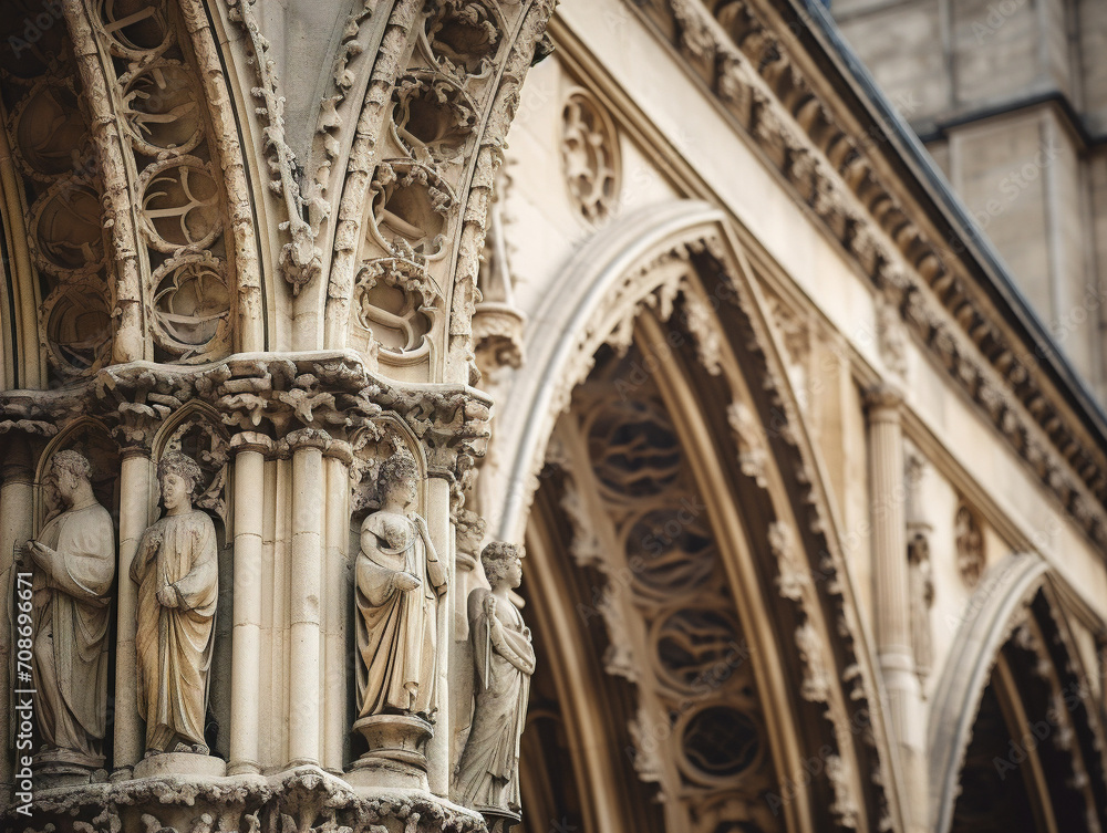 A detailed close-up of Gothic cathedral architecture, showcasing intricate and beautiful architectural elements.