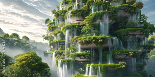 Panorama of a beautiful garden with a waterfall in the foreground. The concept of an eco-friendly lifestyle