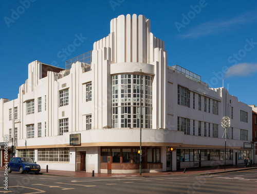 A unique art deco building featuring angular shapes and decorative elements in black and white.
