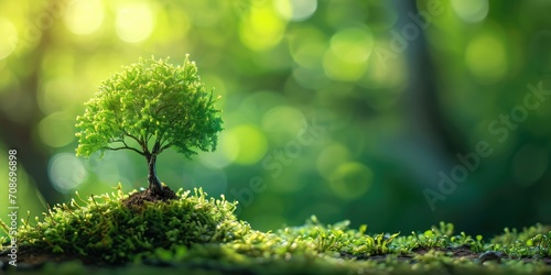 Small tree growing on green moss with sunlight. Ecology and environment concept