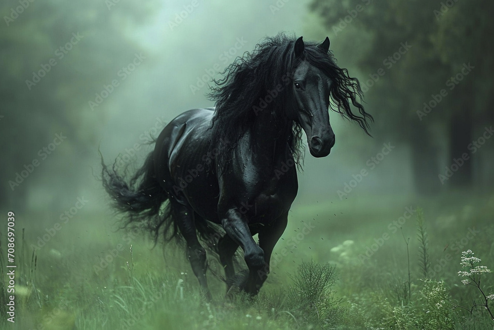 A powerful black horse with flowing mane stands majestically against a vibrant green ground, exuding strength and beauty.AI generated. A powerful black horse with flowing mane stands majestically against a vibrant green ground, exuding strength and beauty.AI generated.