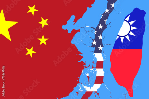 map of mainland China and Taiwan island, United States flag crack in the Taiwan Strait. concept of conflict, disputes, partnerships between countries, sea trade routes