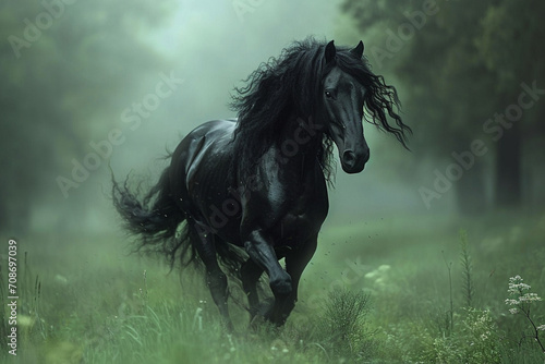 A powerful black horse with flowing mane stands majestically against a vibrant green ground  exuding strength and beauty.AI generated.