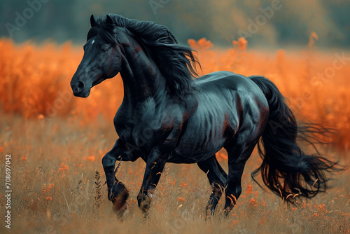 A powerful black horse with flowing mane stands majestically against a vibrant orange ground, exuding strength and beauty.AI generated.