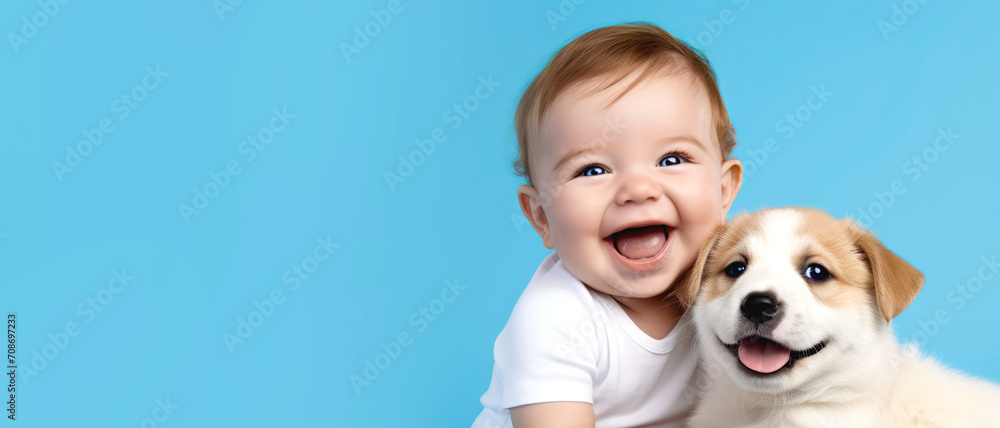 Little happy kid hugging dog on blue background Little happy kid hugging dog on blue background