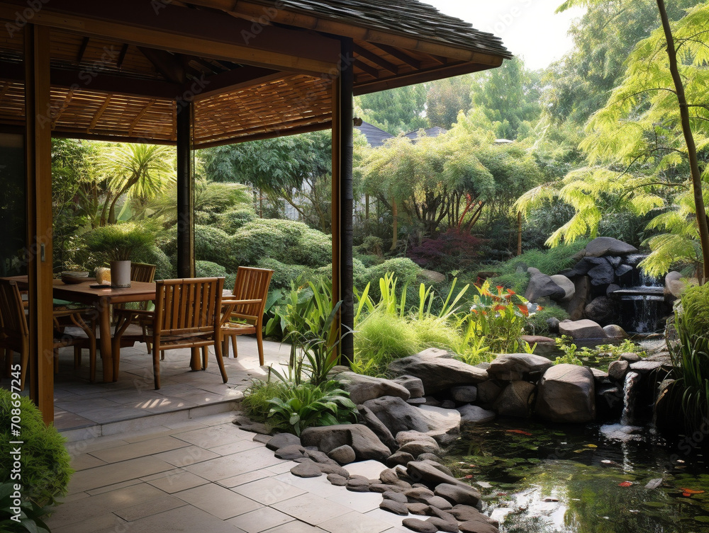 An enchanting Asian-inspired outdoor garden featuring a serene koi pond, surrounded by lush greenery. An enchanting Asian-inspired outdoor garden featuring a serene koi pond, surrounded by lush greenery.