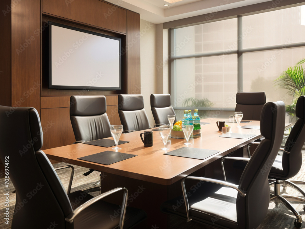 A professional boardroom with a long table, chairs, and technology equipment for an important meeting.