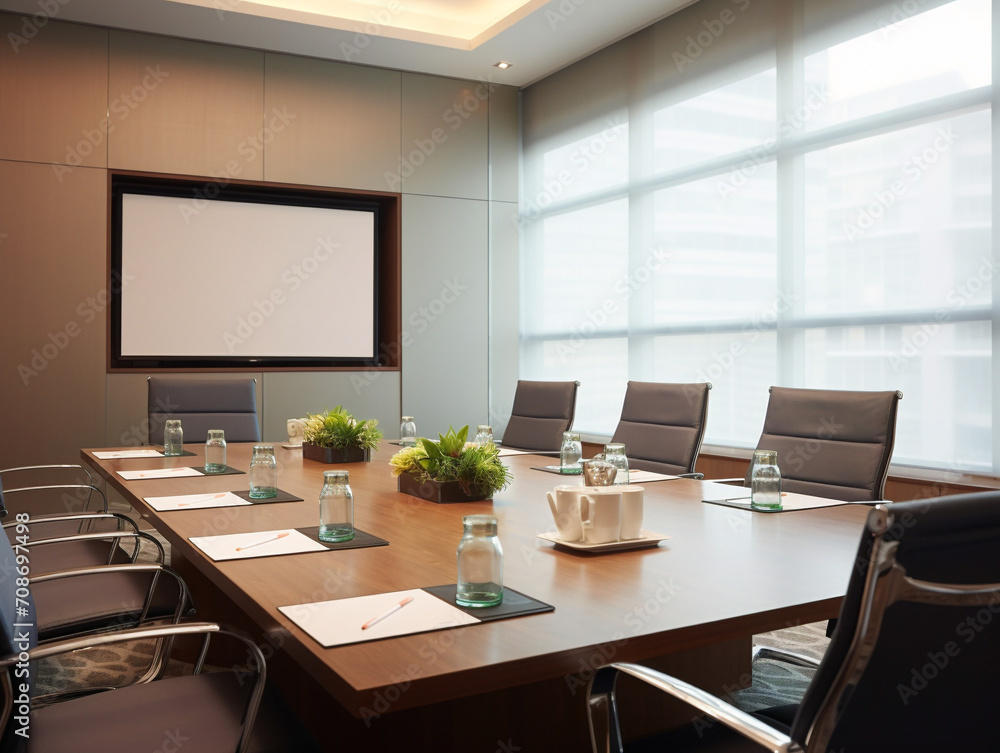 An organized boardroom with elegant furniture and technology set up for a significant corporate gathering. An organized boardroom with elegant furniture and technology set up for a significant corporate gathering.