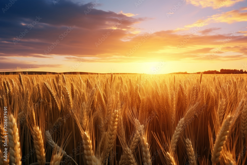 Golden wheat field at sunset, Generative AI