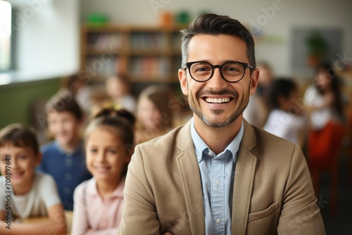 Happy teacher in classroom with students