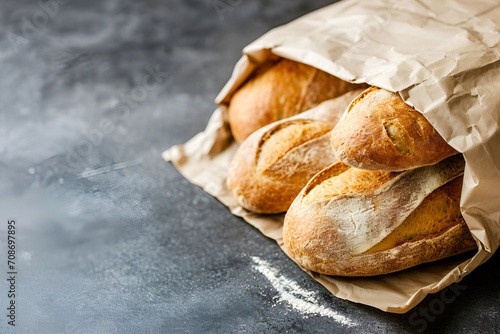 Freshly baked aromatic bread in a craft bag.