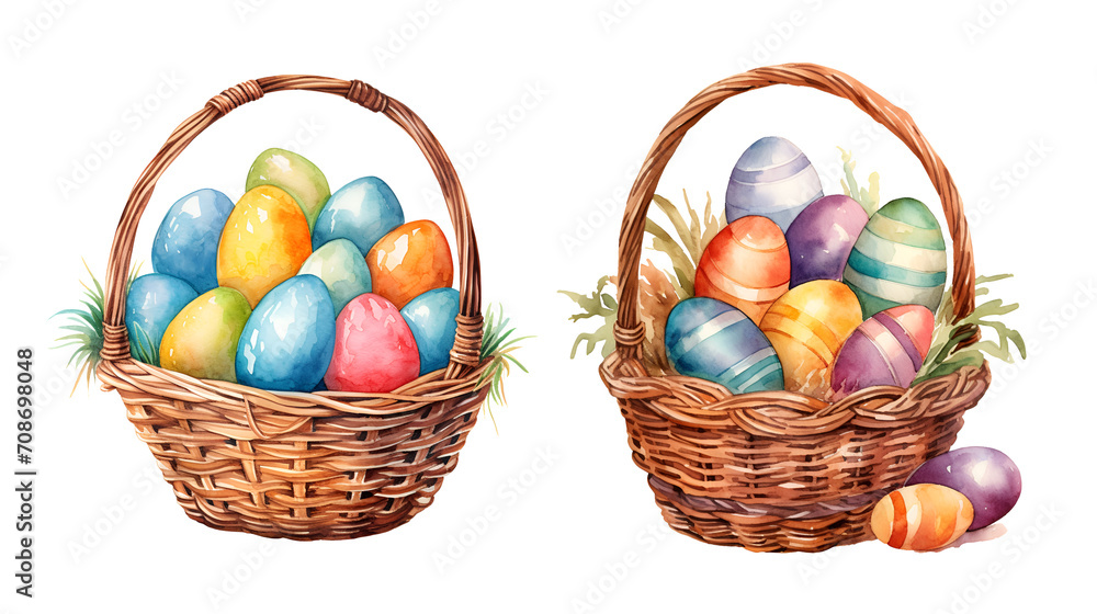 Easter eggs in wicker basket, watercolor clipart illustration with isolated background.