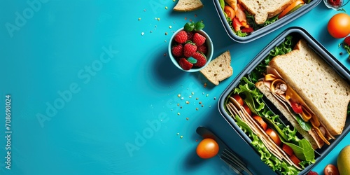 Containers filled with sandwiches and fruit. Ideal for picnics and outdoor gatherings