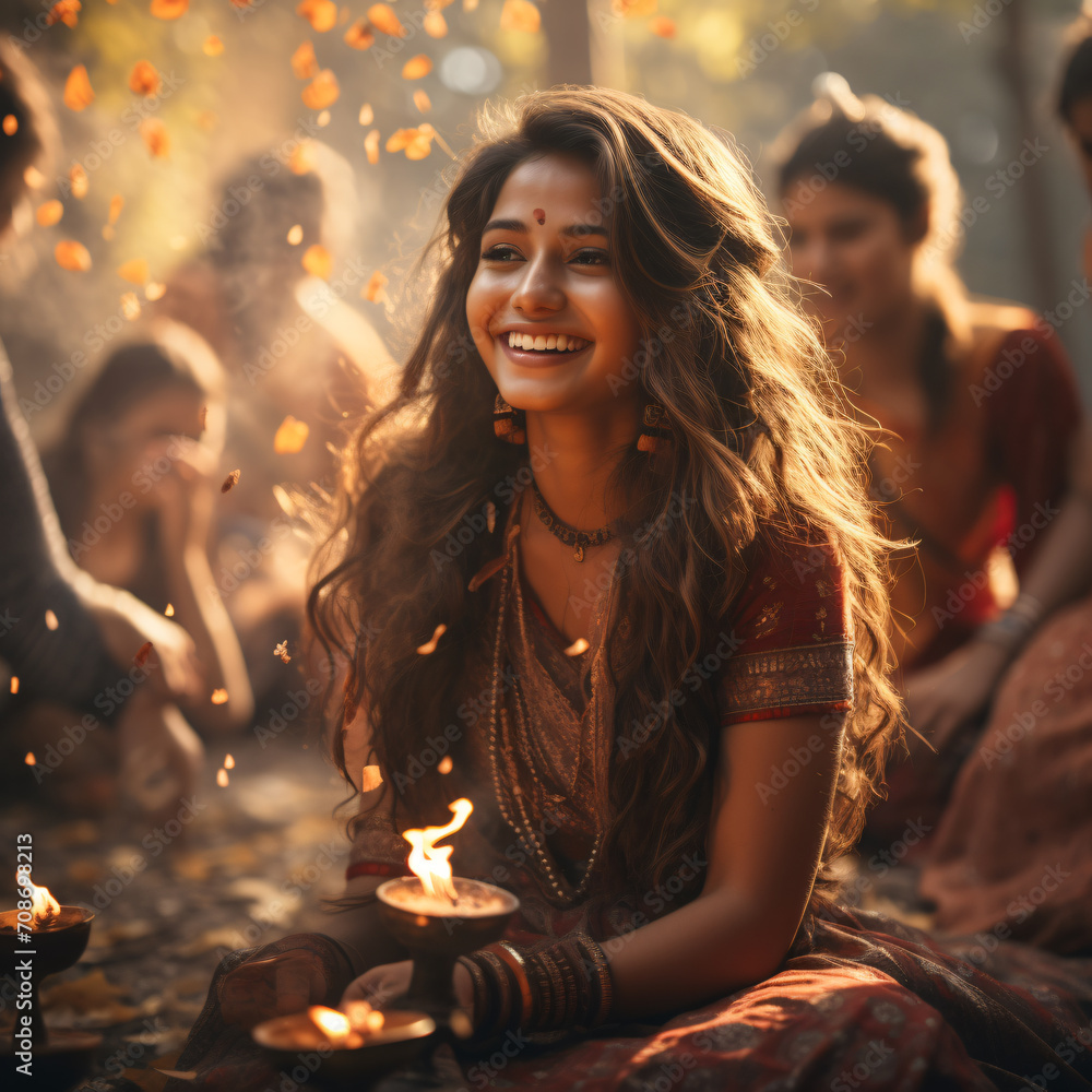 Portrayal of a woman enjoying outdoor festivities from the Front. Generative AI Portrayal of a woman enjoying outdoor festivities from the Front. Generative AI