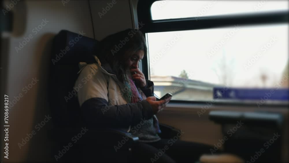 Commuter Using Smartphone on Train with Window View. Female passenger holding phone inside European transportation Commuter Using Smartphone on Train with Window View. Female passenger holding phone inside European transportation
