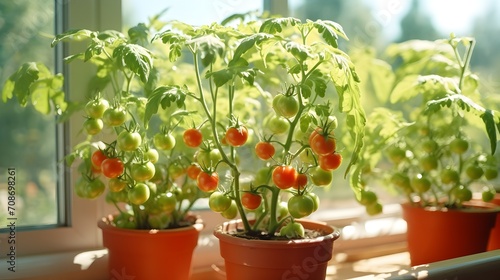 Homegrown cherry tomatoes on a sunny balcony, urban gardening