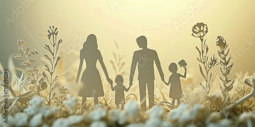 Paper family on the background of flowers. Concept of family values. Family day concept