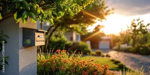 Mailbox on the background of a beautiful sunset in the garden. photo
