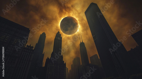 Eclipse shrouded in smog above an urban skyline, creating a dark and moody atmosphere.