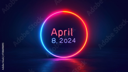 Vibrant neon eclipse sign with 'April 8, 2024' floating above a reflective surface.