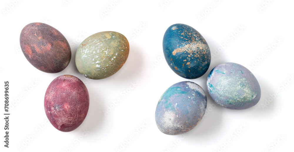 Different eggs on white background