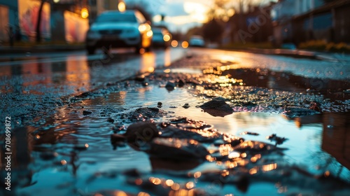 Potholes on the roads close-up in rainy weather