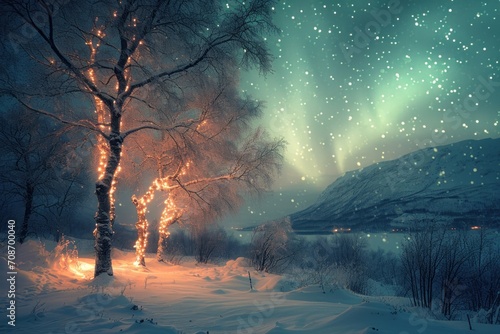 Nothern lights winter forest landscape