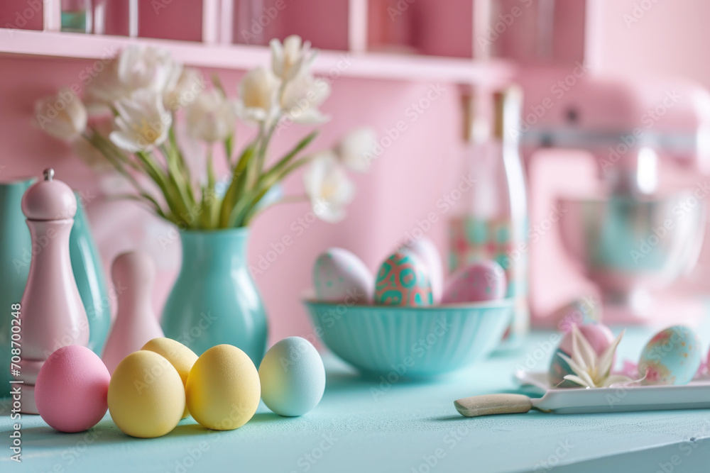 Colorful Easter eggs in a rustic kitchen. AI generative.
