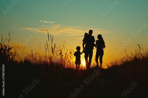 A beautiful silhouette of a family standing together in a field during sunset. This image captures the warmth and togetherness of a family enjoying nature's beauty.