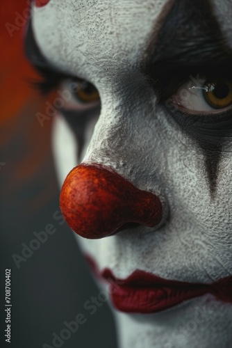 A close-up view of a clown's face with a red nose. Perfect for circus-themed designs or Halloween projects