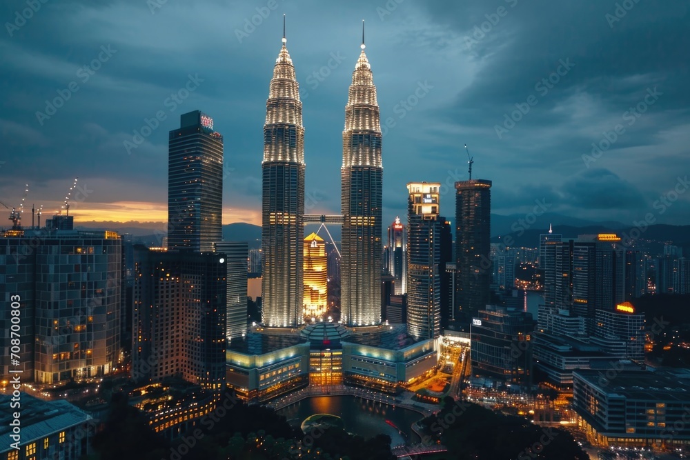 Obraz premium A stunning view of a city at night, captured from a high rise building. Perfect for urban landscapes and cityscape photography