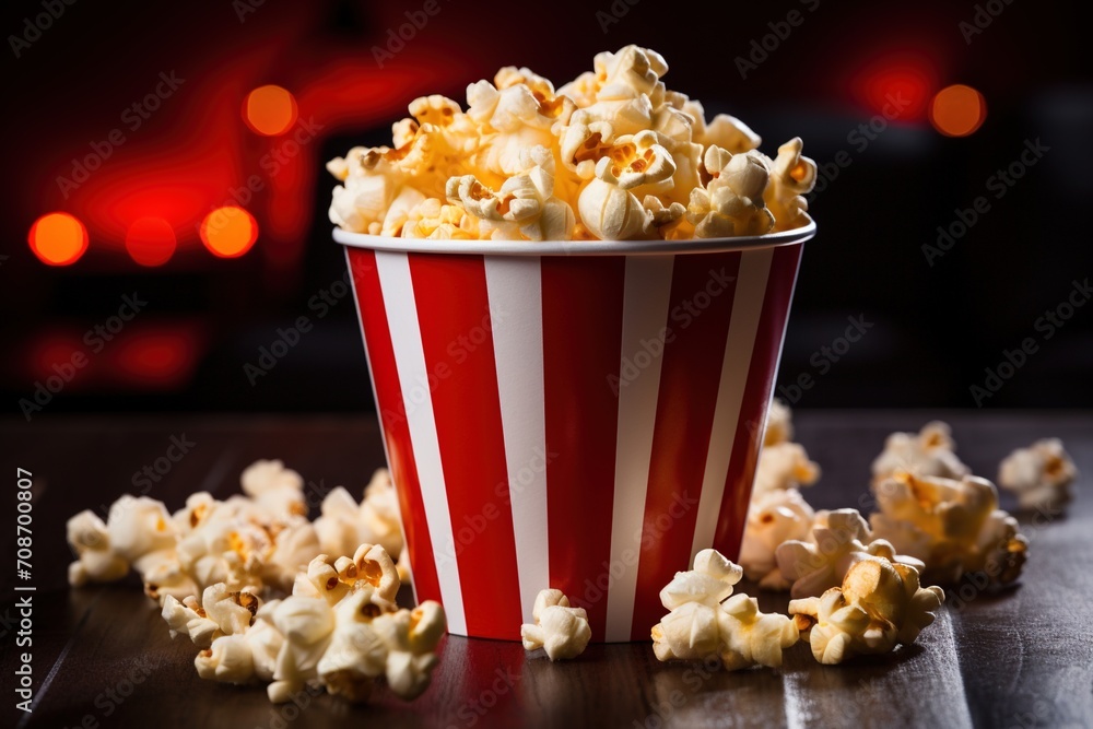 A red and white striped bucket of popcorn with some spilled on the table A red and white striped bucket of popcorn with some spilled on the table