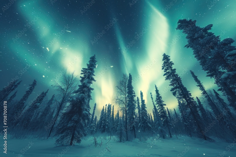 Nothern lights winter forest landscape