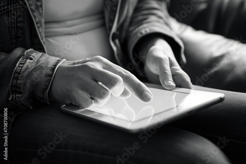 A person sitting on a couch using a tablet. Suitable for technology and relaxation concepts