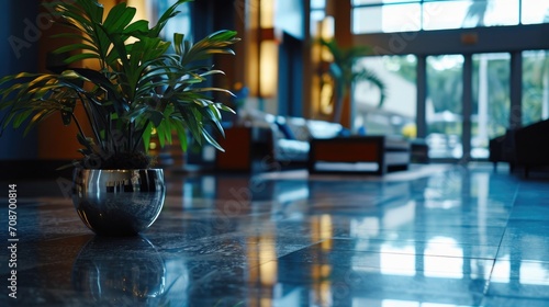 A potted plant placed on the floor of a hotel lobby. Suitable for interior design and hospitality concepts