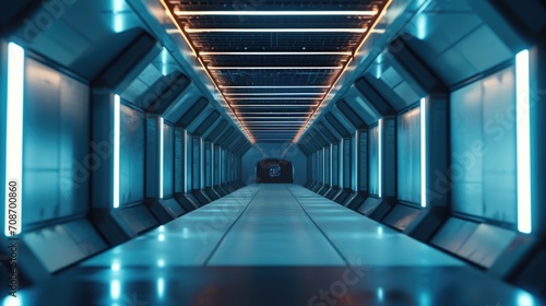 A long hallway filled with multiple laptops. This image can be used to depict a technology-filled workspace or a busy office environment