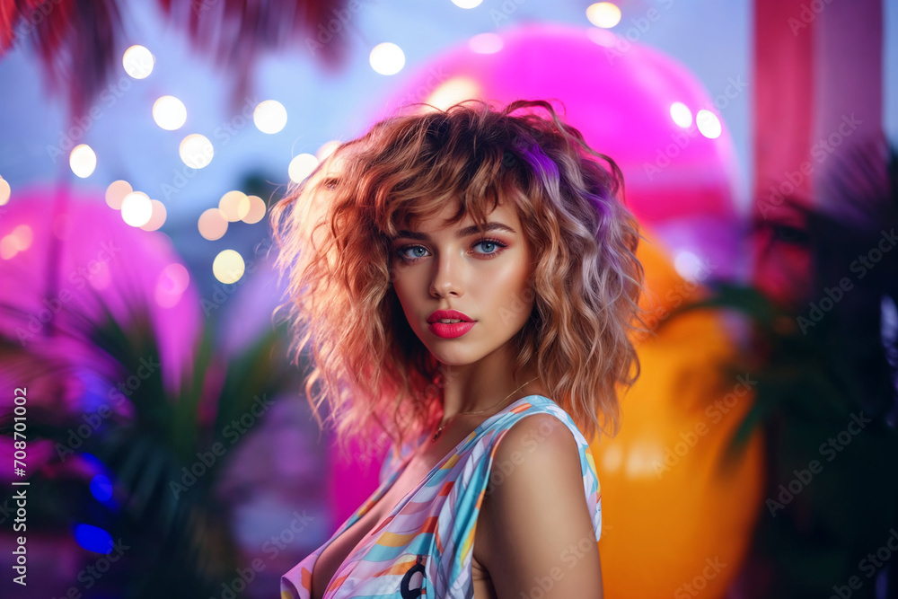 Naklejka premium Beautiful young blonde with curly hair enjoying the festive music at a summer dance party, surrounded by palm trees and the soft lighting of dusk, reflecting joy and leisure.