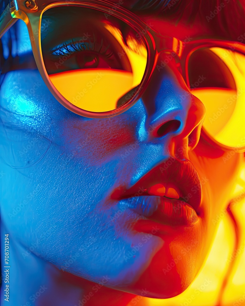 A woman in colorful sunglasses with reflective lens A woman in colorful sunglasses with reflective lens