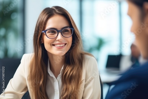 Woman business leader portrait in office background. Happy International Woman’s Day concept. Caucasian successful confident professional businesswoman in suit. Copy space.