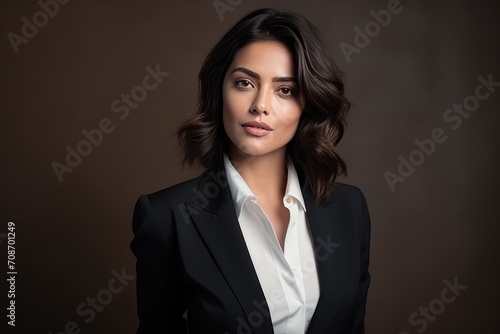 Woman business leader portrait in office background. Happy International Woman’s Day concept. Caucasian successful confident professional businesswoman in suit. Copy space.