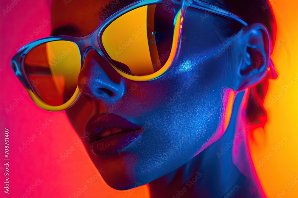 Colorful Neon Sunglasses on Womans Face Colorful Neon Sunglasses on Womans Face