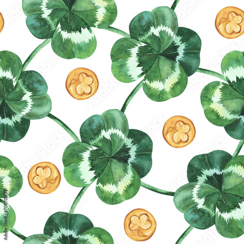 St.Patrick's day seamless pattern with watercolor clover leaves and golden coins on white background. Hand drawn. For paper, fabric, texile design photo