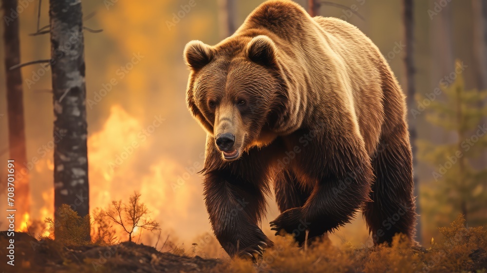 A striking contrast between the bear's earthy hues and the fiery blaze surrounding it A striking contrast between the bear's earthy hues and the fiery blaze surrounding it