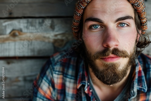 Close-up studio portrait of a man with a hipster, vintage look, isolated on a rustic background